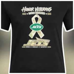 Honor Veterans Who Served Courage Sacrifice New York Jets Camo Ribbon Tee available at our Los Angeles warehouse
