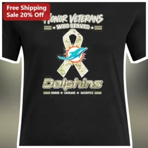 Honor Veterans Who Served Dolphins Miami NFL Football Camo Ribbon Graphic Tee available at our Los Angeles warehouse