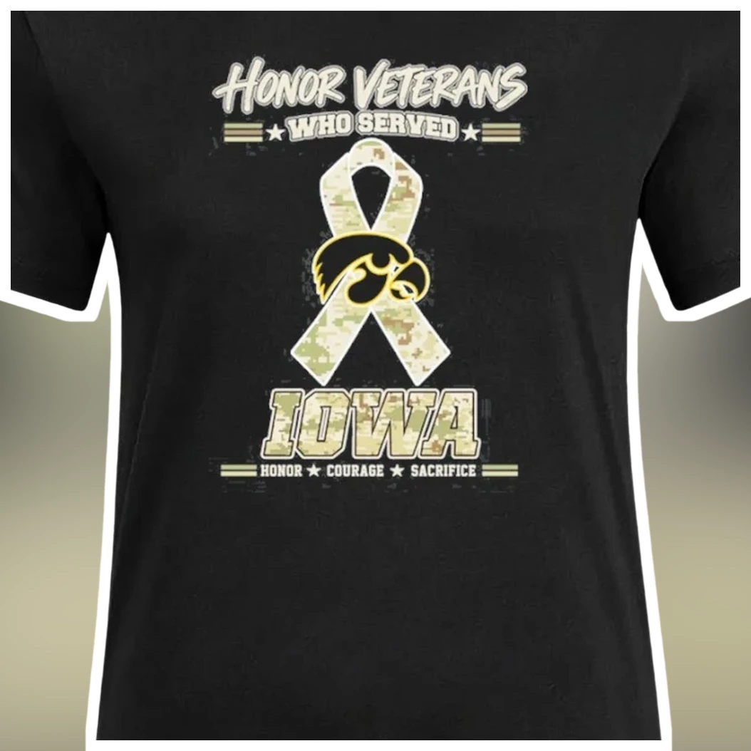Honor Veterans Who Served Iowa Hawkeyes Military Camo Ribbon Graphic Tee available at our Los Angeles warehouse