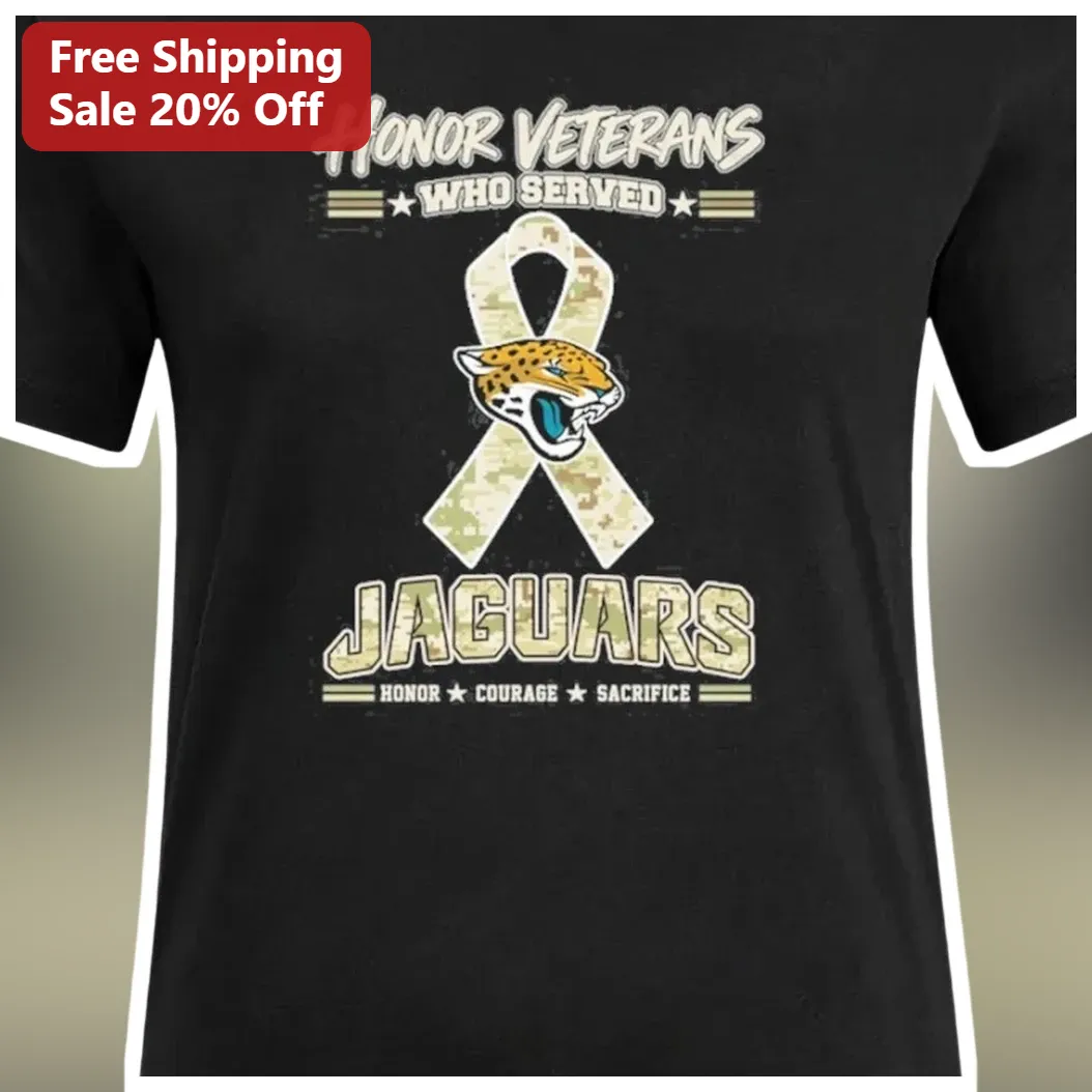 Honor Veterans Who Served Jaguars Military Tribute Tee, Courage Sacrifice Camo Ribbon Shirt for NFL available at our Los Angeles warehouse