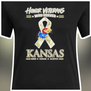 Honor Veterans Who Served Kansas Jayhawks Distressed Camo Ribbon Tee available at our Los Angeles warehouse