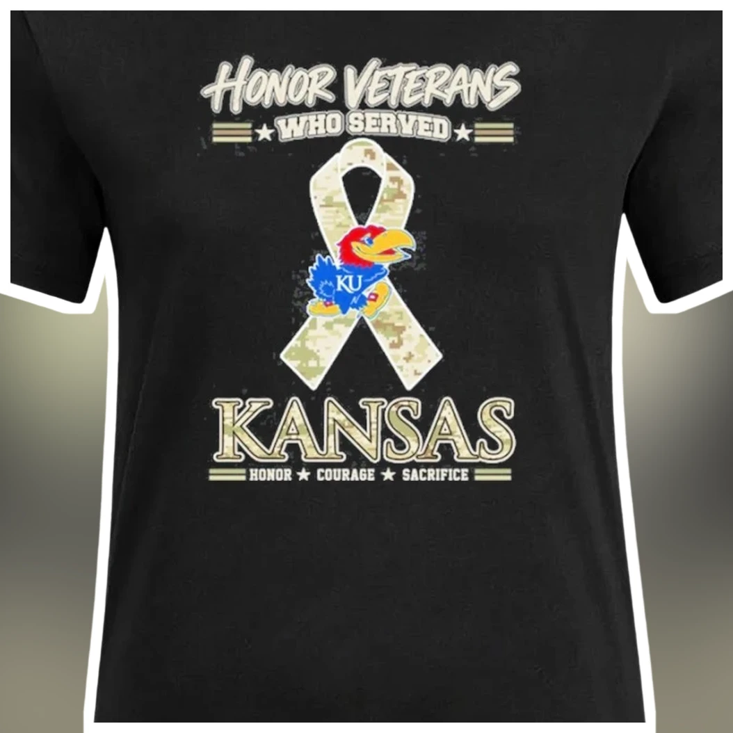 Honor Veterans Who Served Kansas Jayhawks Distressed Camo Ri — Los Angeles Honor Veterans Who Served Kansas Jayhawks Distressed Camo Ribbon Tee available at our Los Angeles warehouse