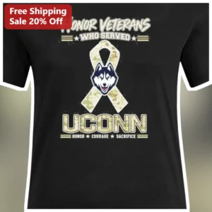 Honor Veterans Who Served UConn Huskies Camo Ribbon Tee available at our Los Angeles warehouse