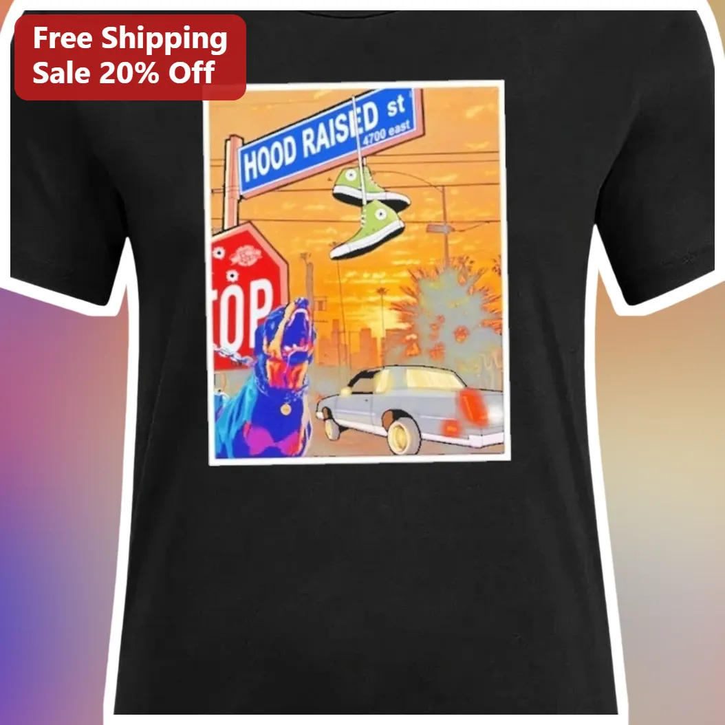 Hood Raised Street Sign Graphic Tee Retro Urban Sunset Nosta — Los Angeles Hood Raised Street Sign Graphic Tee Retro Urban Sunset Nostalgia Gift available at our Los Angeles warehouse