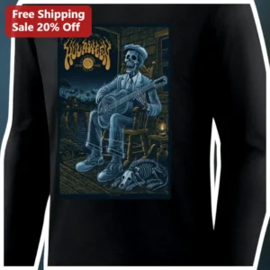 Hulaween Skeleton Guitarist Long Sleeve Shirt Gothic Americana Spooky Band Tee available at our Los Angeles warehouse