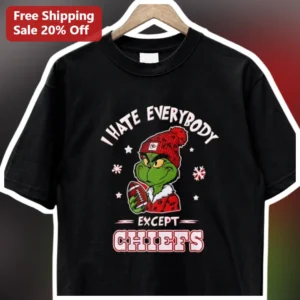 I Hate Everybody Except Chiefs Tee The Grinch Kansas City Christmas Shirt available at our Los Angeles warehouse