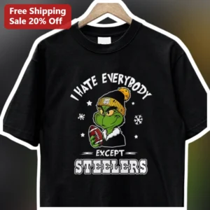 I Hate Everybody Except Steelers Tee The Grinch Christmas Funny NFL Football Fan Shirt Gift available at our Los Angeles warehouse