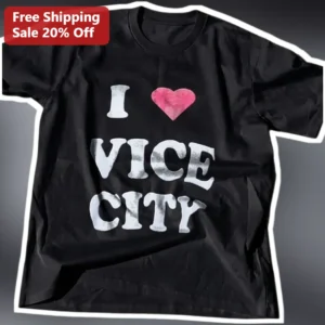 I Love Vice City Graphic Tee Retro Gaming Miami Synthwave Shirt for Gamers available at our Los Angeles warehouse