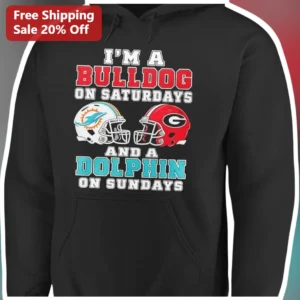 I'M A BULLDOG ON SATURDAYS AND A DOLPHIN ON SUNDAYS Hoodie Funny Weekend Meme Gift for College and N available at our Los Angeles warehouse