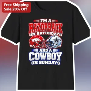 I'M A RAZORBACK ON SATURDAYS AND A COWBOY ON SUNDAYS Tee Arkansas Razorbacks Dallas Cowboys Fan Gift available at our Los Angeles warehouse