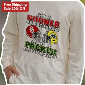 I'M A SOONER ON SATURDAYS AND A PACKER ON SUNDAYS Long Sleeve Shirt available at our Los Angeles warehouse