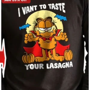 I Want To Taste Your Lasagna Garfield Vampire Halloween Graphic Tee Funny Cat Lover Gift Shirt available at our Los Angeles warehouse