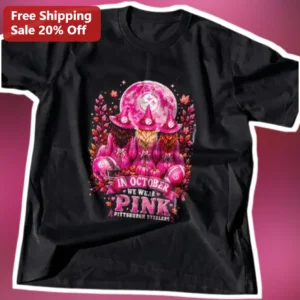 In October We Wear Pink Steelers Tee Breast Cancer Awareness Gnome Football Shirt available at our Los Angeles warehouse