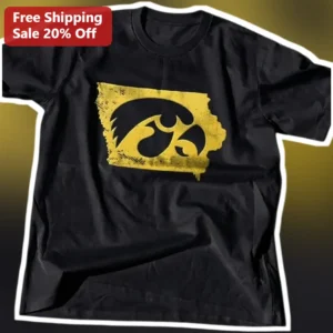Iowa Hawkeyes State Outline Tee University of Iowa Fan Vintage Distressed Black Cotton Shirt available at our Los Angeles warehouse