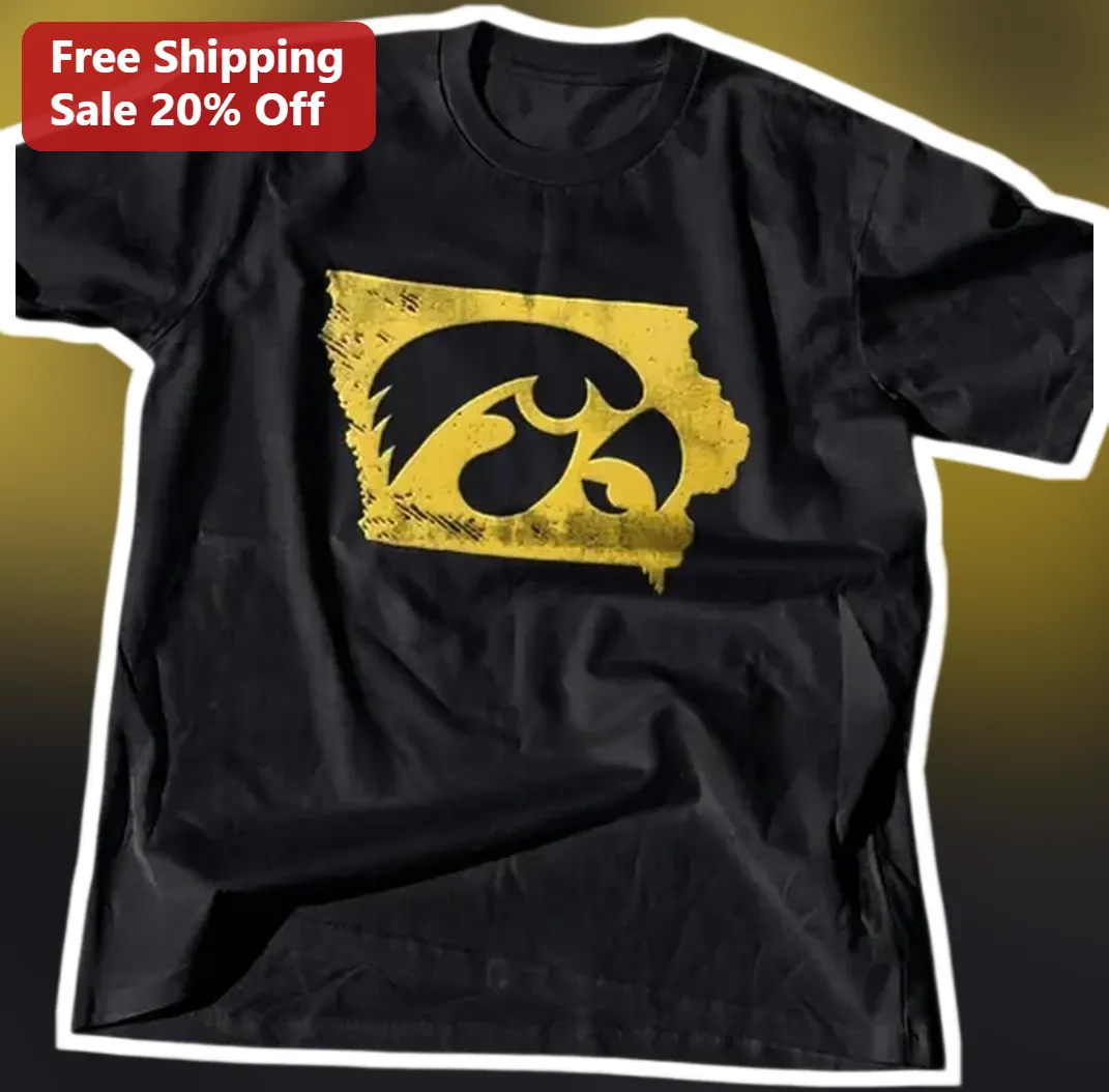 Iowa Hawkeyes State Outline Tee University of Iowa Fan Vinta — Los Angeles Iowa Hawkeyes State Outline Tee University of Iowa Fan Vintage Distressed Black Cotton Shirt available at our Los Angeles warehouse