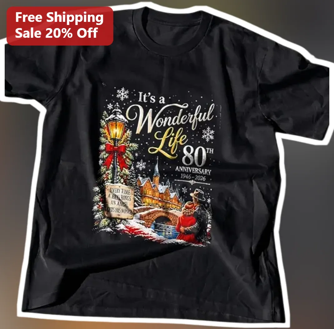 It's a Wonderful Life 80th Anniversary Tee 1946-2026 Vintage Holiday Movie Shirt available at our Los Angeles warehouse