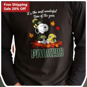 It's The Most Wonderful Time Of The Year Snoopy Green Bay Packers Long Sleeve Shirt available at our Los Angeles warehouse