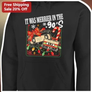 IT WAS MERRIER IN THE 90'S Retro Cassette Tape Christmas Hoodie available at our Los Angeles warehouse
