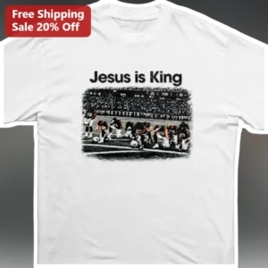 Jesus is King Tee Kanye West Inspired Christian Hip Hop Vintage Football Huddle Graphic Shirt available at our Los Angeles warehouse
