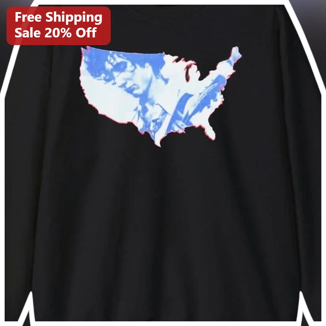Jimi Hendrix USA Map Guitar Silhouette Long Sleeve Tee Vintage Rock Merch Gift available at our Los Angeles warehouse
