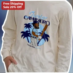 Junior Caminero Tampa Bay Florida Long Sleeve Tee Retro Baseball Fan Gift available at our Los Angeles warehouse