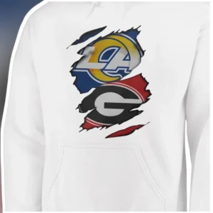 LA Rams Georgia Bulldogs Torn Paper Collage Hoodie NFL College Crossover Fan Apparel available at our Los Angeles warehouse
