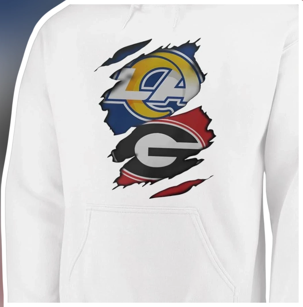 LA Rams Georgia Bulldogs Torn Paper Collage Hoodie NFL Colle — Los Angeles LA Rams Georgia Bulldogs Torn Paper Collage Hoodie NFL College Crossover Fan Apparel available at our Los Angeles warehouse