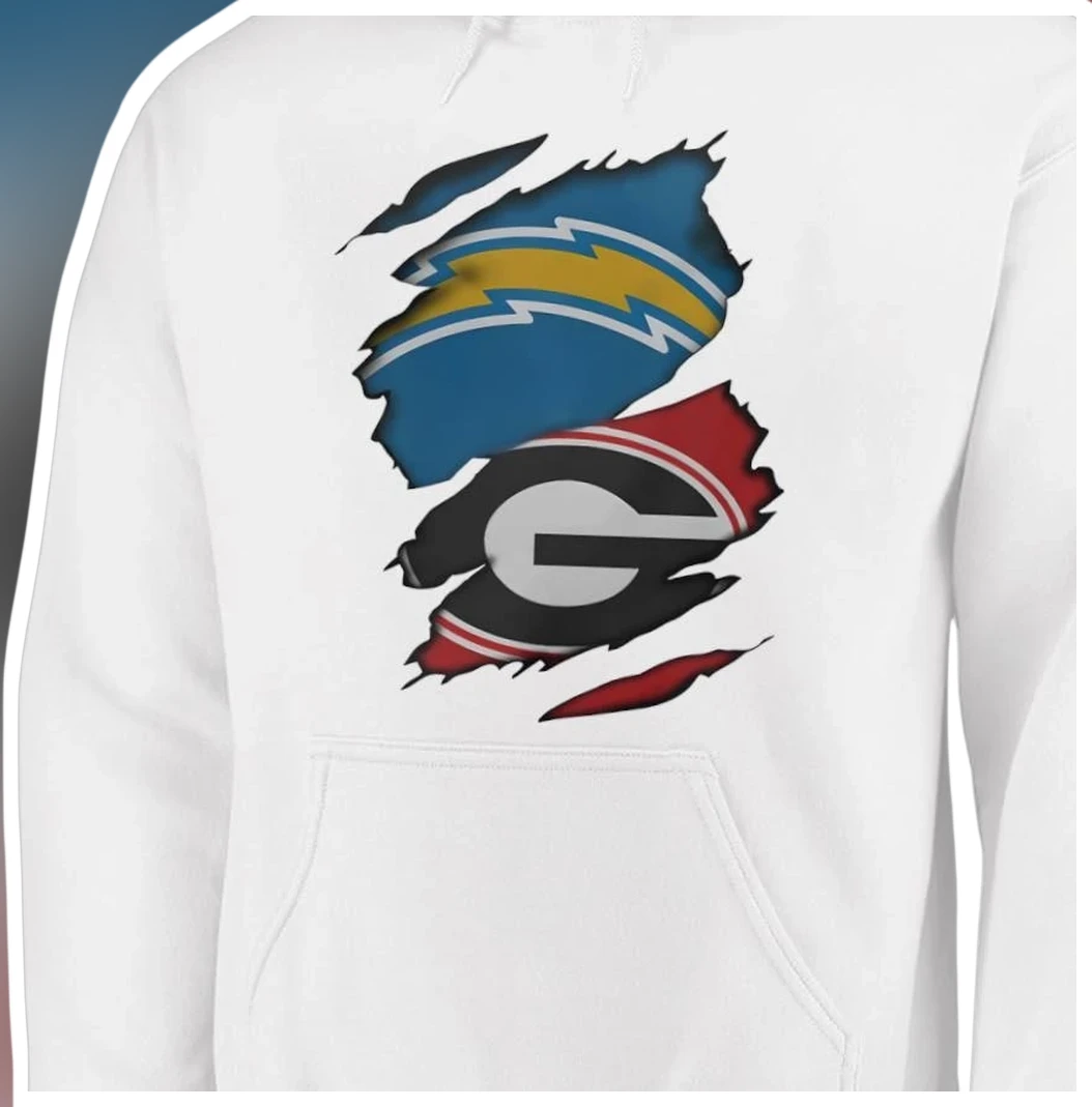 Ladd McConkey Chargers vs Georgia Bulldogs Torn Effect Hoodi — Los Angeles Ladd McConkey Chargers vs Georgia Bulldogs Torn Effect Hoodie available at our Los Angeles warehouse
