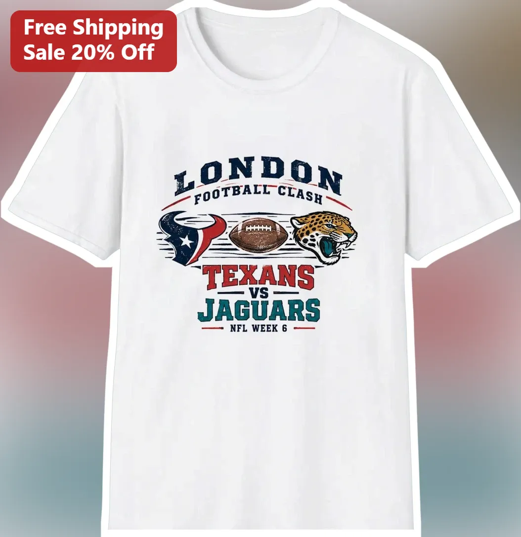 London Football Clash Texans vs Jaguars NFL Week 6 Tee Vinta — Los Angeles London Football Clash Texans vs Jaguars NFL Week 6 Tee Vintage Wembley Stadium Fan Apparel available at our Los Angeles warehouse