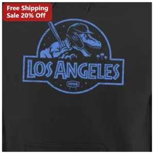 Los Angeles T-Rex Baseball Hoodie Jurassic Park Parody Retro Distressed Graphic Pullover for Men Wom available at our Los Angeles warehouse