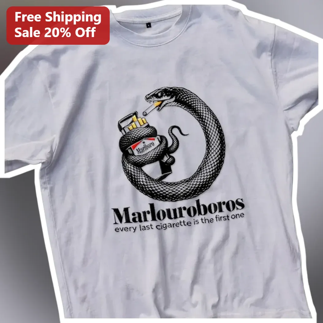 Marlouroboros Every Last Cigarette Is The First One Tee Ouro — Los Angeles Marlouroboros Every Last Cigarette Is The First One Tee Ouroboros Snake Smoking Parody Graphic Shirt available at our Los Angeles warehouse