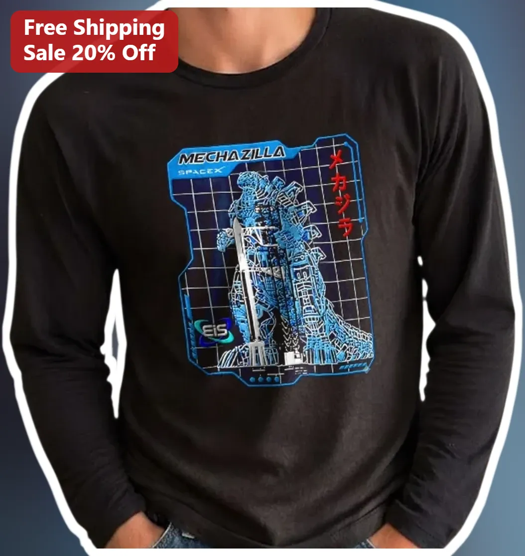 MECHAZILLA SpaceX Long Sleeve Tee Mechagodzilla Blueprint Sci-Fi Kaiju Apparel Gift for Space Fans available at our Los Angeles warehouse