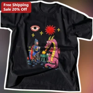 Medieval Fantasy Dragon Knight Tee Whimsical Illustration Graphic Shirt for D&D Players and Fantasy available at our Los Angeles warehouse