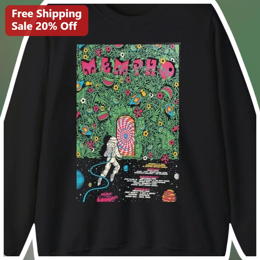 Mempho Long Sleeve Tee Psychedelic Space Astronaut Festival Merch available at our Los Angeles warehouse
