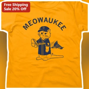 MEOWAUKEE Cat Baseball Jersey Tee Funny Milwaukee Brewers Parody Shirt for Men Women available at our Los Angeles warehouse