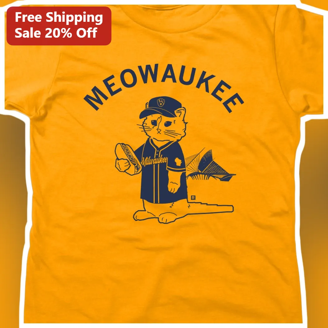 MEOWAUKEE Cat Baseball Jersey Tee Funny Milwaukee Brewers Parody Shirt for Men Women available at our Los Angeles warehouse