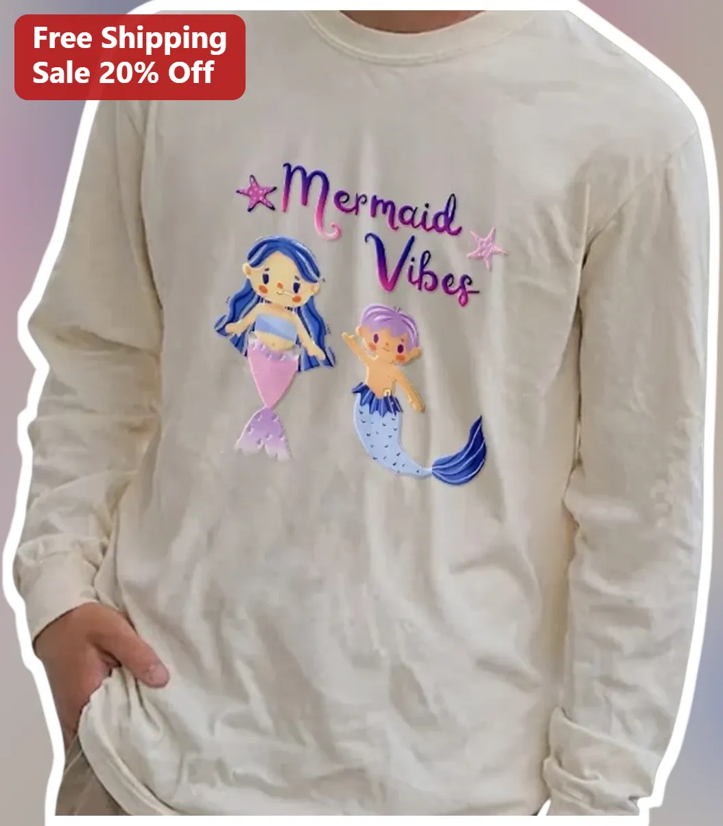 Mermaid Vibes Long Sleeve Tee Cute Cartoon Ocean Graphic Top for Kids Girls Toddlers Fantasy Sea Cre available at our Los Angeles warehouse