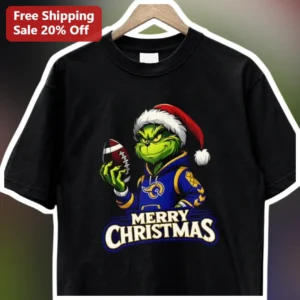 Merry Christmas Grinch LA Rams Football Tee Funny Holiday NFL Fan Gift available at our Los Angeles warehouse