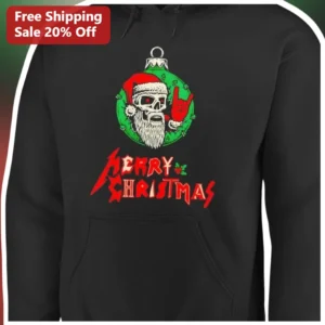 Merry Christmas Hoodie Zombie Santa Skull Rock On Heavy Metal Graphic Pullover for Men Women Holiday available at our Los Angeles warehouse