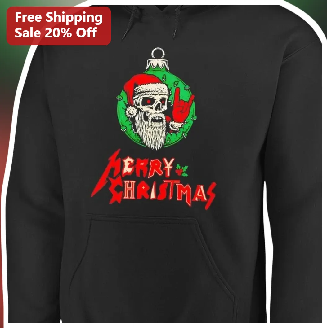 Merry Christmas Hoodie Zombie Santa Skull Rock On Heavy Metal Graphic Pullover for Men Women Holiday available at our Los Angeles warehouse