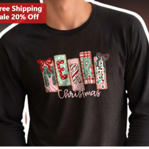 Merry Christmas Quilted Patchwork Long Sleeve Tee Holiday Gift for Men Women available at our Los Angeles warehouse