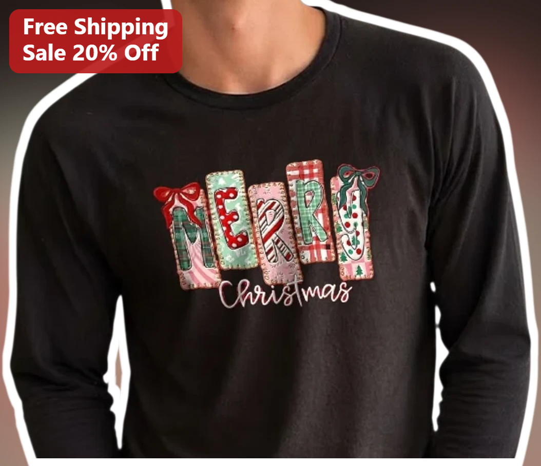 Merry Christmas Quilted Patchwork Long Sleeve Tee Holiday Gift for Men Women available at our Los Angeles warehouse