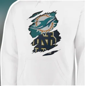Miami Dolphins Notre Dame Ripped Hoodie NFL College Crossover Distressed Pullover Fan Gear available at our Los Angeles warehouse