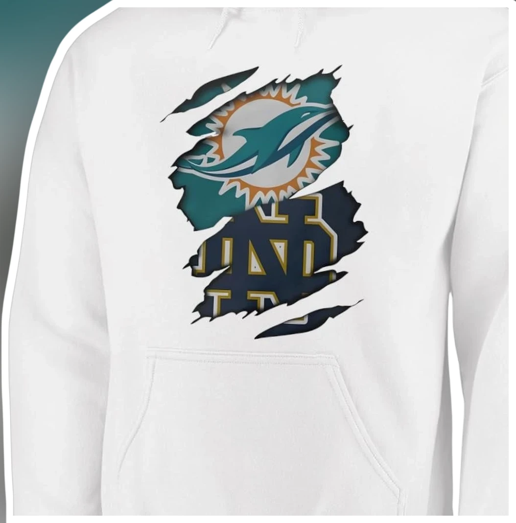 Miami Dolphins Notre Dame Ripped Hoodie NFL College Crossover Distressed Pullover Fan Gear available at our Los Angeles warehouse