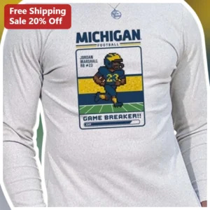 Michigan Football Game Breaker Long Sleeve Tee Retro Pixel Art Wolverine Fan Gear available at our Los Angeles warehouse