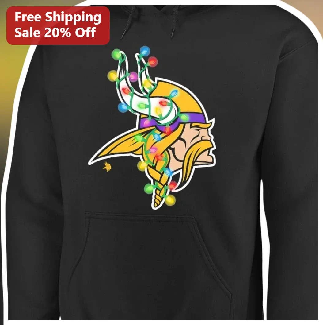 Minnesota Vikings Christmas Lights Hoodie Black NFL Fan Holiday Gift available at our Los Angeles warehouse
