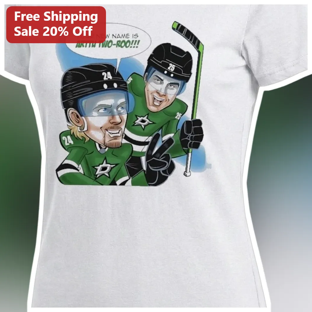 Miro Heiskanen Roope Hintz Dallas Stars Finnish Duo Cartoon Graphic Tee available at our Los Angeles warehouse