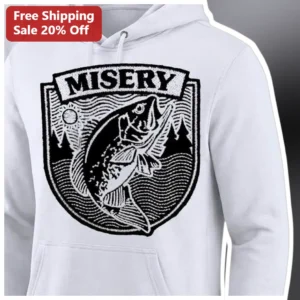 MISERY Fishing Humor Embroidered Hoodie Vintage Badge Angler Gift available at our Los Angeles warehouse