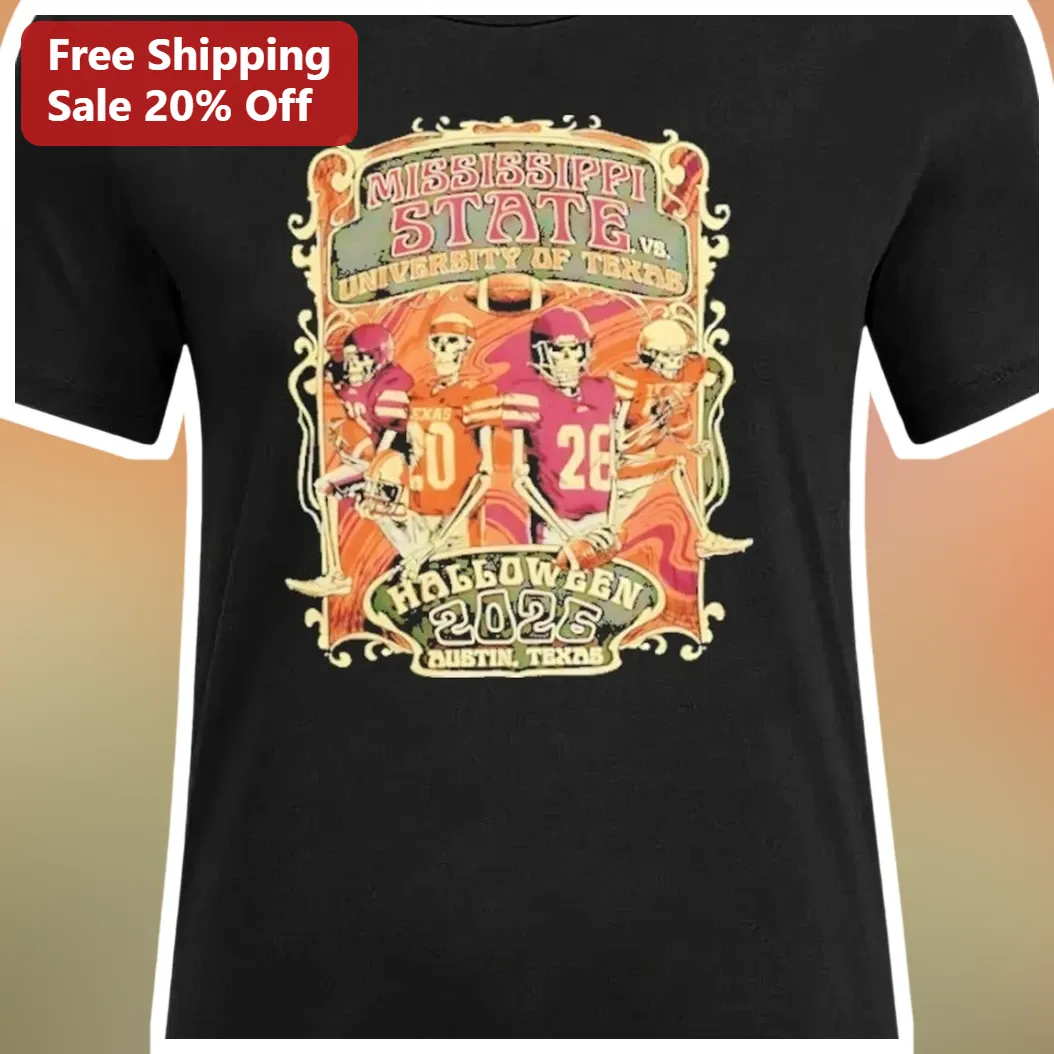 Mississippi State vs University of Texas Halloween 2026 Skeleton Football Vintage Graphic Tee available at our Los Angeles warehouse