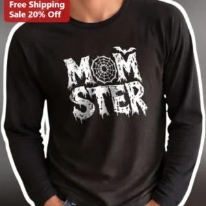 MOMSTER Long Sleeve Tee Halloween Spooky Mom Gift Black Distressed Spiderweb Bat Design available at our Los Angeles warehouse